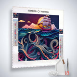 Diamond Painting Kit - Raue See Paperart Blau with ship and sea creatures, complete with canvas, acrylic diamonds, artist tweezers, and set tools
