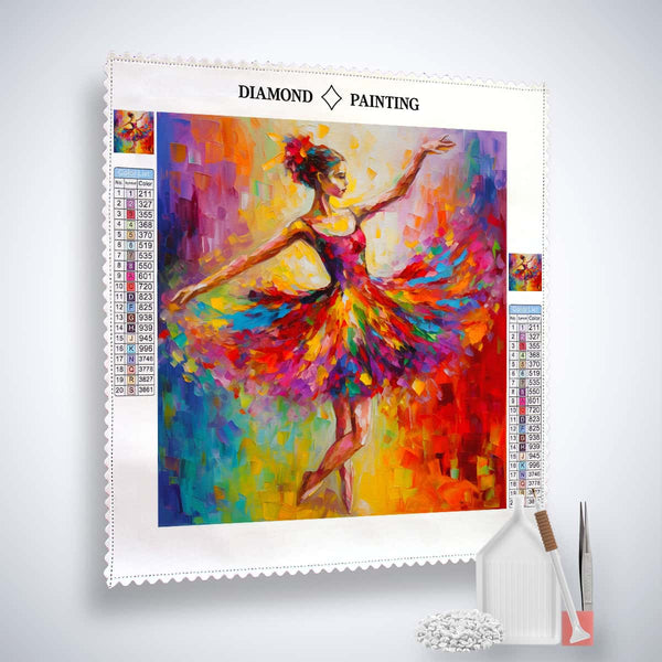 AB Diamond Painting - Farbtanz Frau kit with canvas, acrylic diamonds, artist tweezers, and professional setting tools