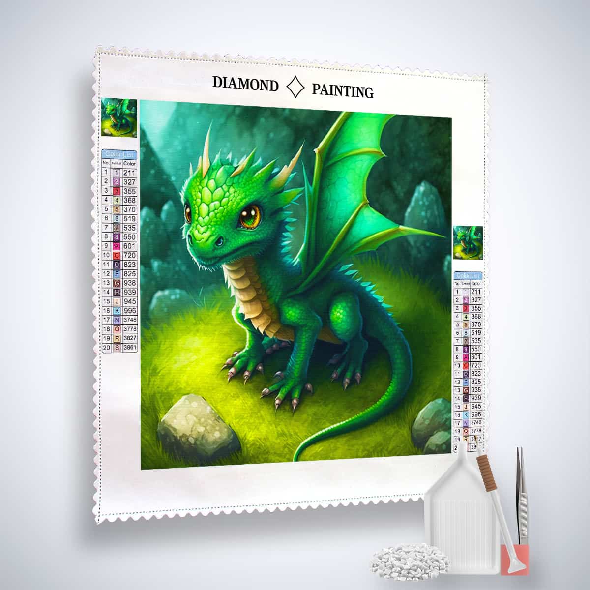 Diamond Painting Kit featuring green dragon design with acrylic diamonds, professional canvas, tweezers, and set tools.