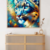 Diamond painting of a majestic snow leopard in blue and turquoise tones with captivating ocean-blue eyes and warm autumn hues.