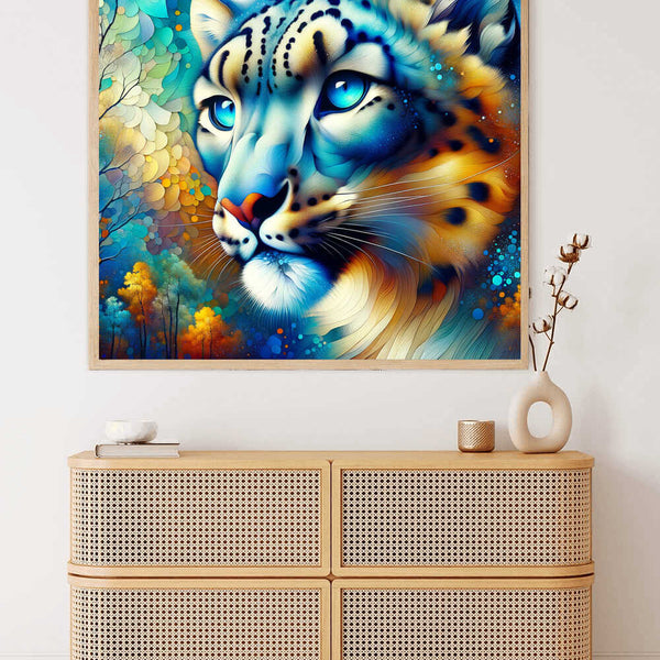 Diamond painting of a majestic snow leopard in blue and turquoise tones with captivating ocean-blue eyes and warm autumn hues.