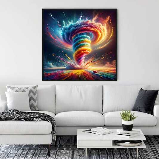Colorful abstract "Malen nach Zahlen - Farbensturm der Gefühle" painting hanging above white couch in modern living room.