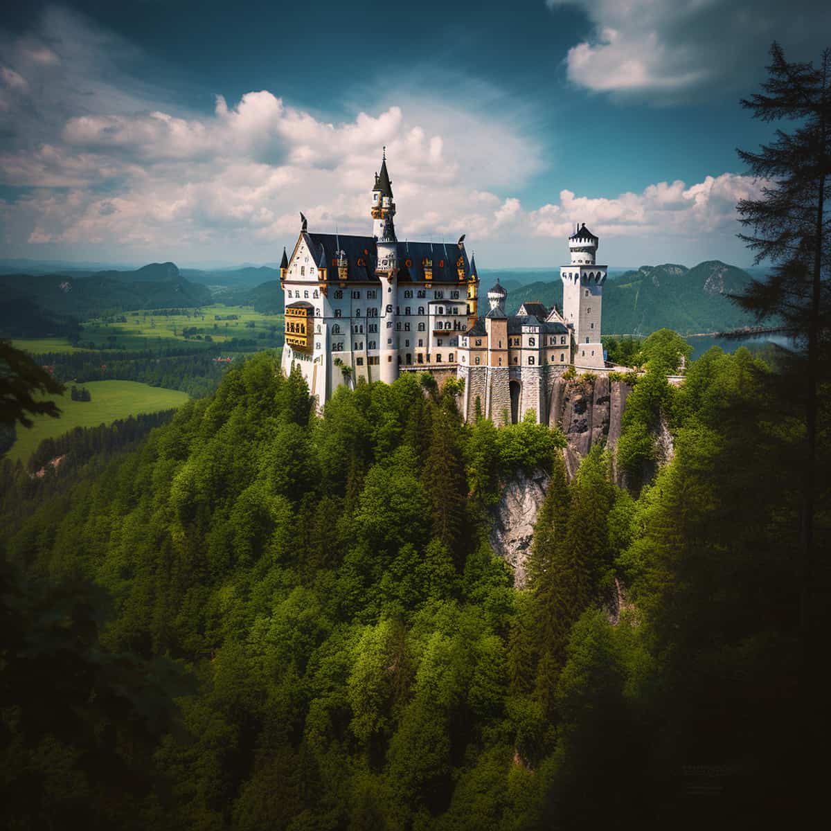 Schloss Neuschwanstein im Grünen an einem sonnigen Tag, umgeben von üppigem Wald und Bergen im Hintergrund