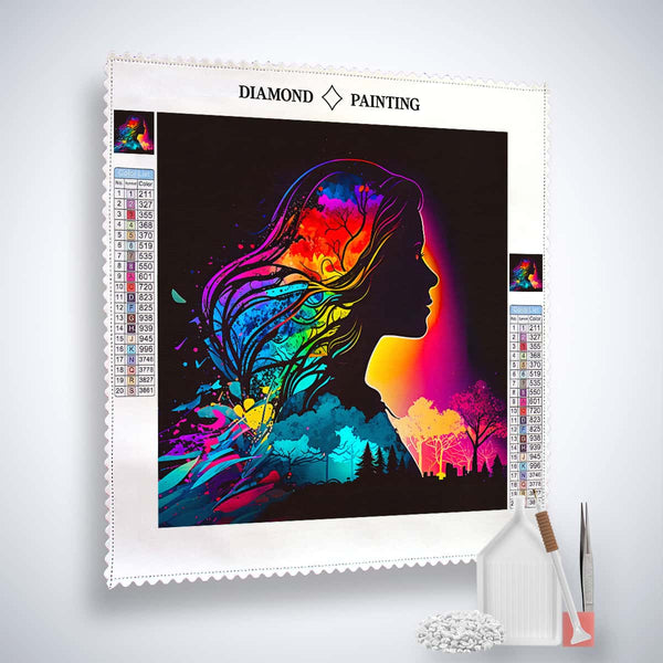 Diamond Painting Kit - Zauberdame im Profil with colorful acrylic diamonds, canvas, and accessories for creating sparkling art