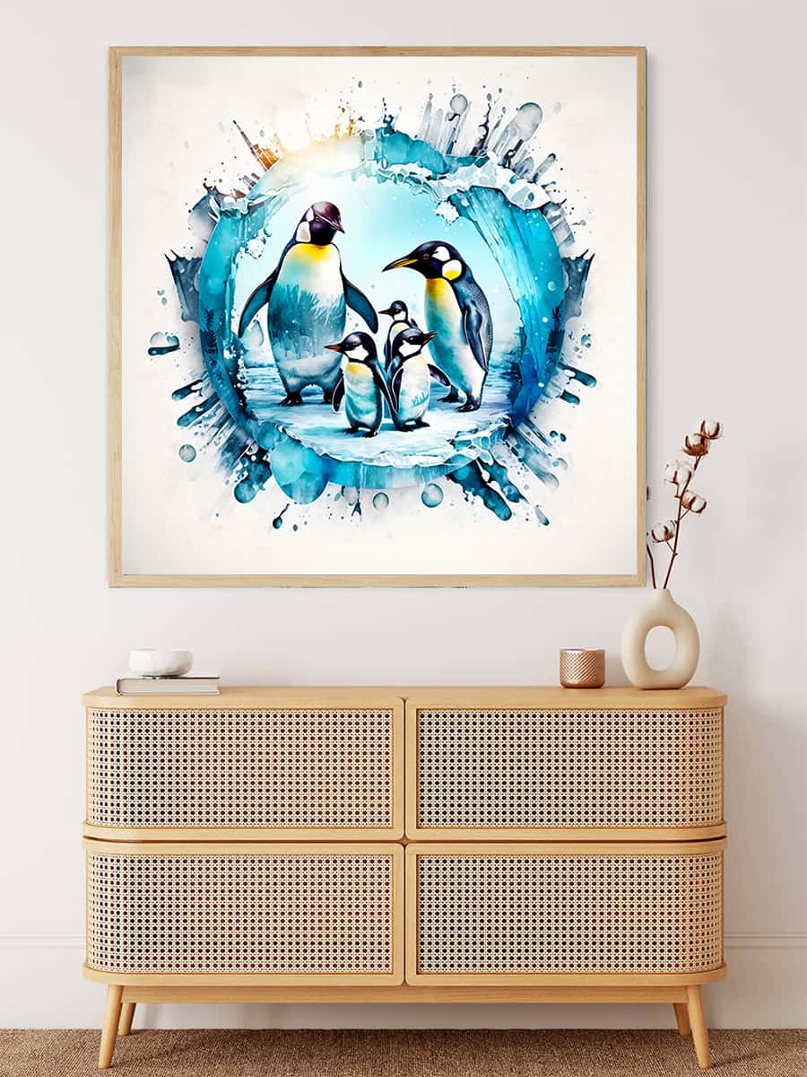 Painting of penguins in an icy landscape, featured on a wall above a wicker cabinet with home decor.