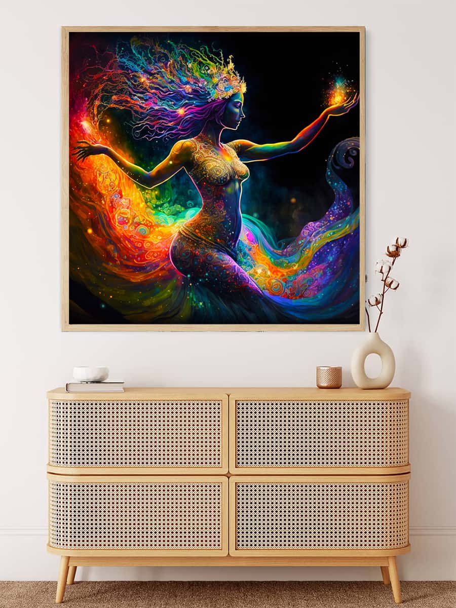 Vibrant painting of a woman with cosmic elements, showcasing the relaxing effect of "Malen nach Zahlen - Universum Frau" hanging above a wooden cabinet.