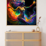 Vibrant painting of a woman with cosmic elements, showcasing the relaxing effect of 