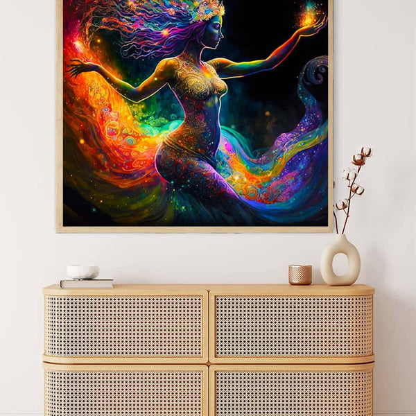 Vibrant painting of a woman with cosmic elements, showcasing the relaxing effect of "Malen nach Zahlen - Universum Frau" hanging above a wooden cabinet.