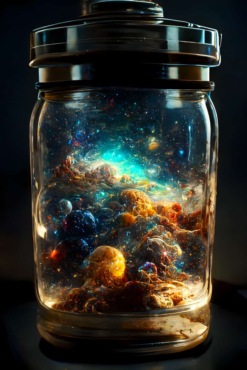 Diamond Painting Kit - Weltall im Glas with vibrant cosmic scene in a glass jar.