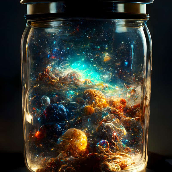 Diamond Painting Kit - Weltall im Glas with vibrant cosmic scene in a glass jar.
