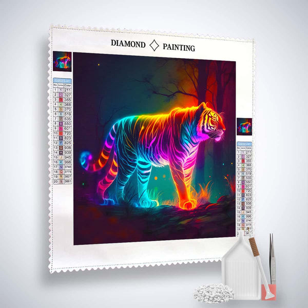 AB Diamond Painting Kit featuring Neon Tiger in Forest - Included canvas, acrylic diamonds, artist tweezers, and setting tools