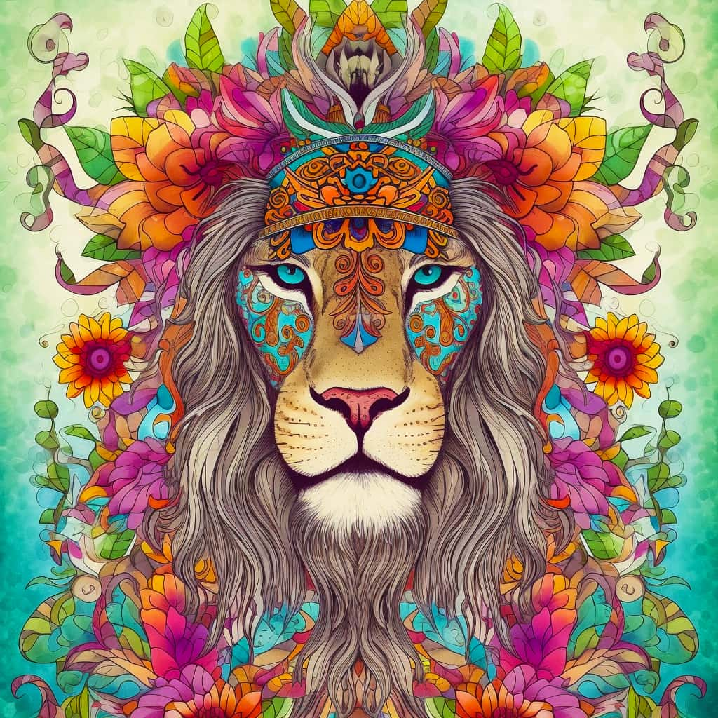 Colorful diamond painting of a hippie lion with intricate floral patterns and bright, vivid colors.