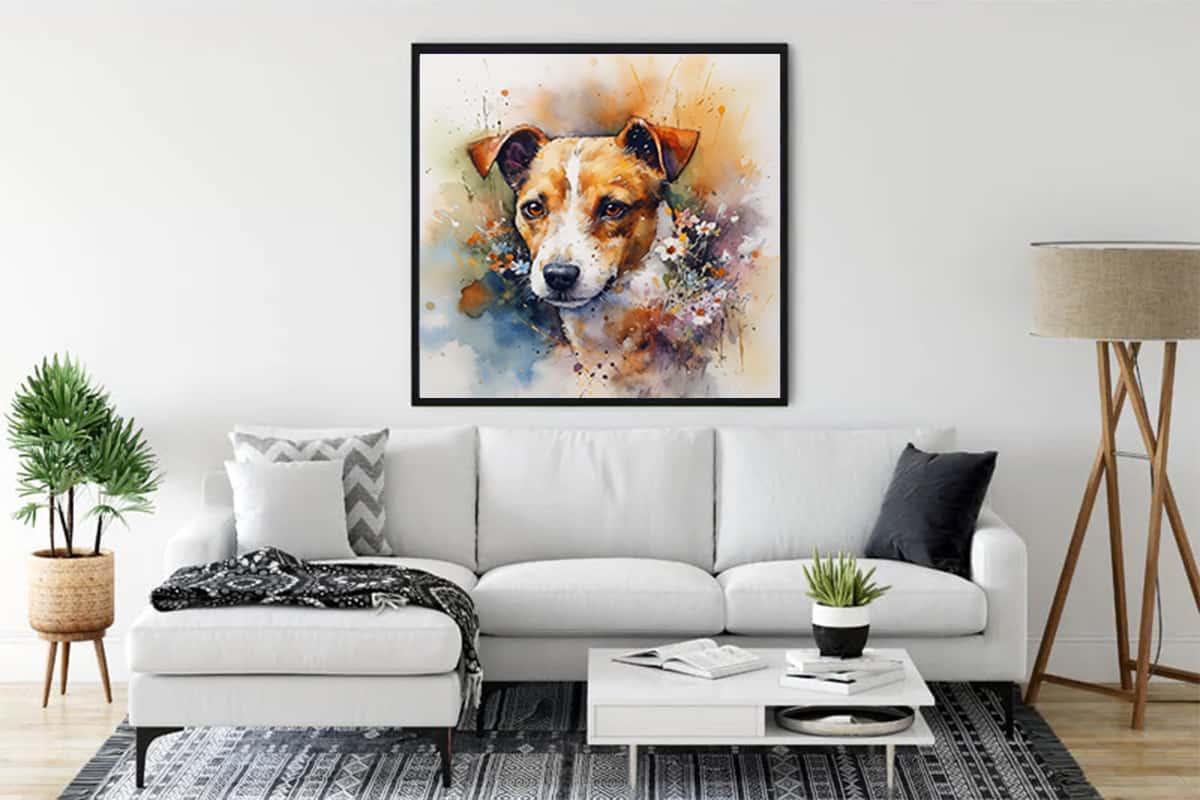 "Malen nach Zahlen - Treuer Freund painting of a dog hung above a white couch in a modern living room with a potted plant and lamp."