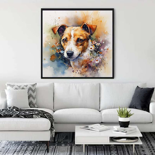 "Malen nach Zahlen - Treuer Freund painting of a dog hung above a white couch in a modern living room with a potted plant and lamp."