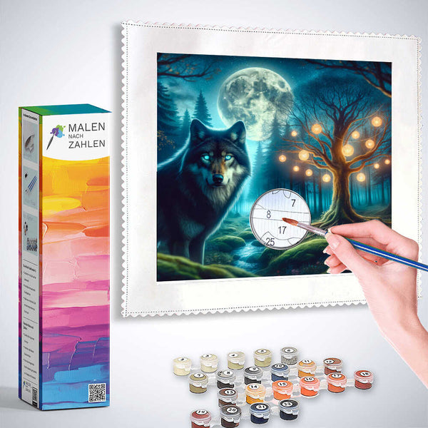 Malen nach Zahlen - Mondscheinsinfonie Kit with Wolf and Moonlit Tree Painting, Brushes, and Paints