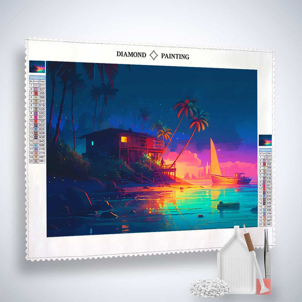 AB Diamond Painting - Strandparty Kit with canvas, acrylic diamonds, tweezers, and set pen. Tropical beach scene with house and sailboat at sunset.