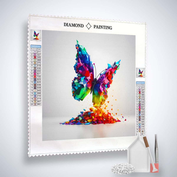 Diamond Painting Kit Schmetterling Zukunft with vibrant butterfly design, acrylic diamonds, and professional painting tools.