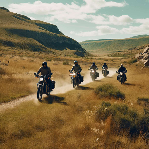 Group of motorcyclists riding through scenic mountain valley on a sunny day