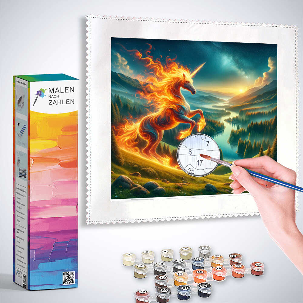 "Malen nach Zahlen Fire Unicorn painting kit with canvas, paintbrush, and numbered paint pots for relaxing art activity"