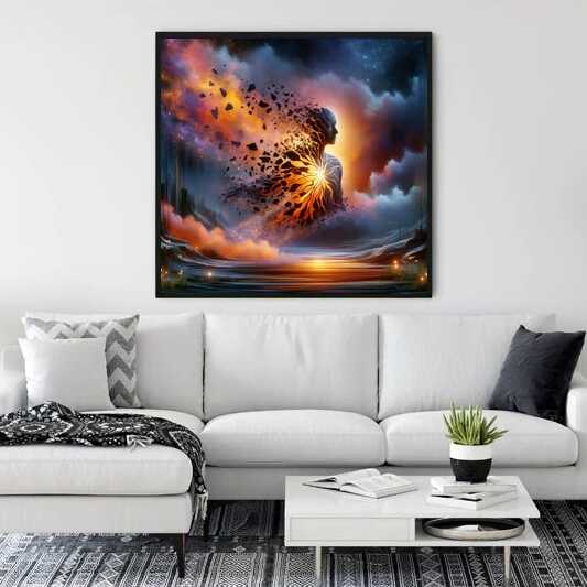 Modern living room with "Malen nach Zahlen - Geist des Kosmos" painting, showcasing cosmic spirit design above a white couch.