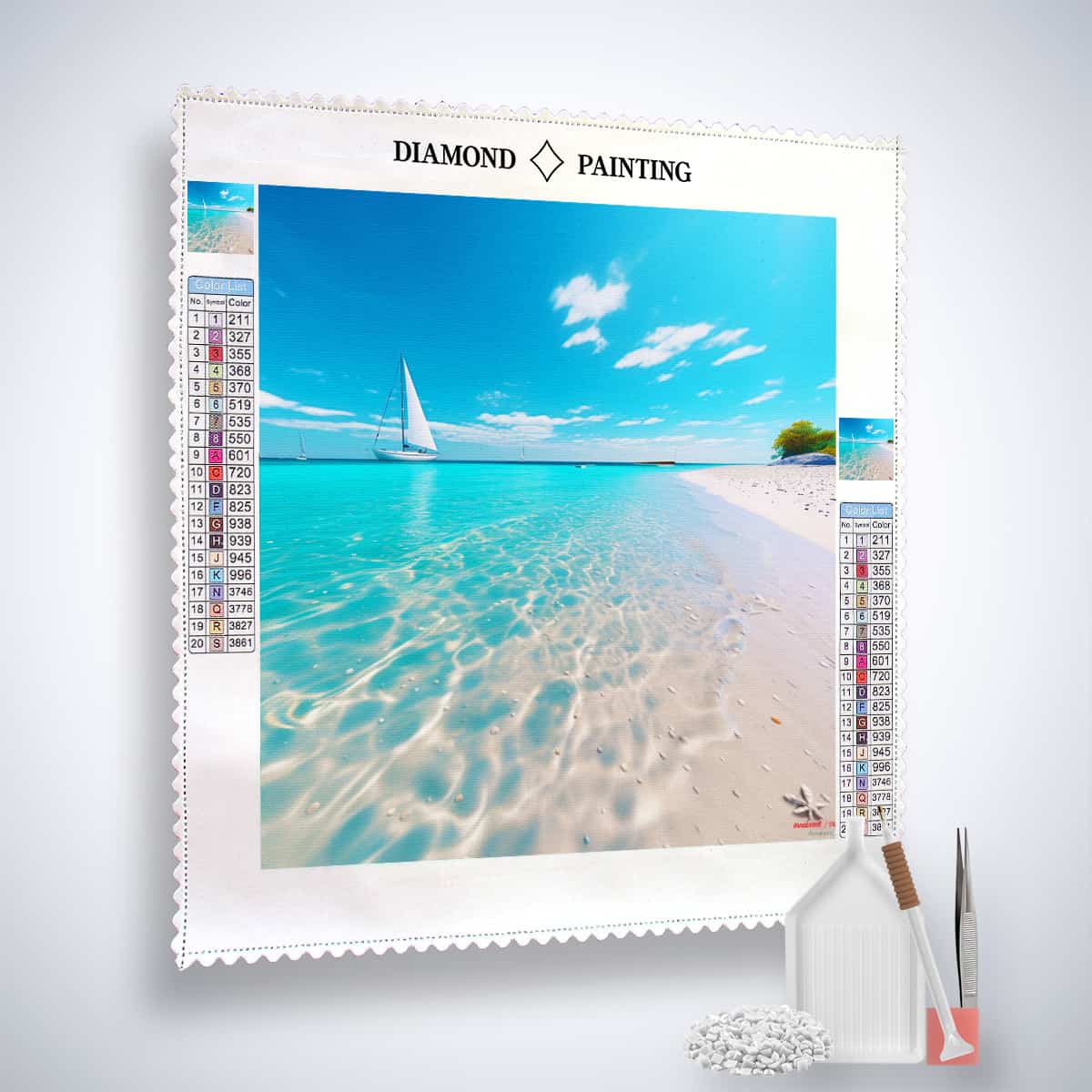 Diamond Painting Küstenzauber Set mit Leinwand, Acryl Diamonds und Künstler-Werkzeugen, Strand und Segelboot Motiv