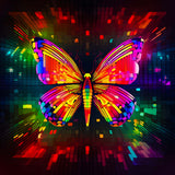 Bunte Schmetterling Diamond Painting Kunstwerk mit funkelnden Acryl-Diamanten auf professioneller Leinwand, umgeben von leuchtenden Farben.