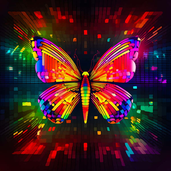 Bunte Schmetterling Diamond Painting Kunstwerk mit funkelnden Acryl-Diamanten auf professioneller Leinwand, umgeben von leuchtenden Farben.