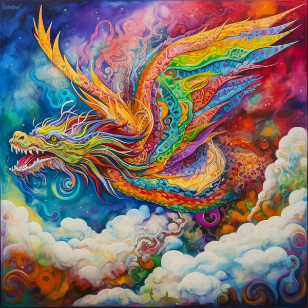 Vibrant dragon diamond painting with colorful wings and clouds in the background.