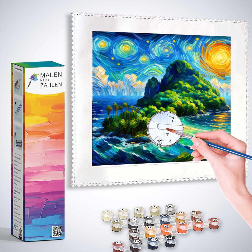 Person painting Malen nach Zahlen - Sternennacht über dem Paradies, with kit and numbered paint pots in view
