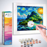 Person painting Malen nach Zahlen - Sternennacht über dem Paradies, with kit and numbered paint pots in view