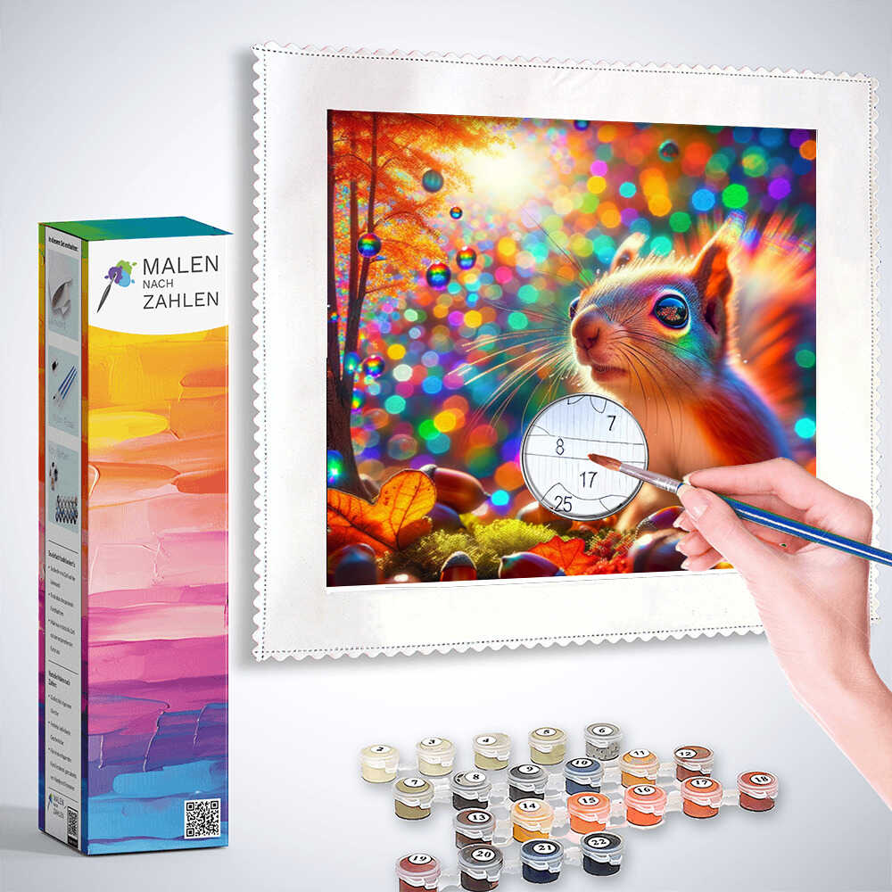 Person painting colorful and magical forest scene with squirrel using Malen nach Zahlen kit. Box, paint pots, and brush included.