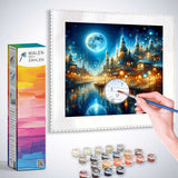 Painting by Numbers - Moonlit Nightscape kit with canvas, paint pots, and brush, showcasing a surreal moonlit city reflected on water.