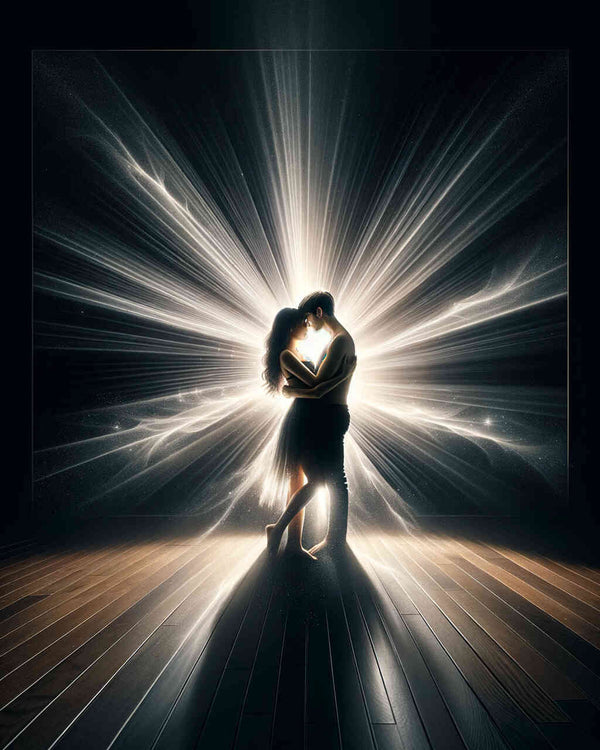 Zwei Silhouetten verschmelzen im strahlenden herzförmigen Licht, warmen Töne und dunkler Kontrast erzeugen romantische Magie - Malen nach Zahlen.