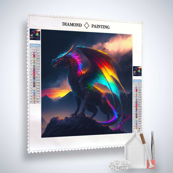 Diamond Painting Kit featuring a vibrant dragon design with glowing wings, complete with tools and materials for the artwork.