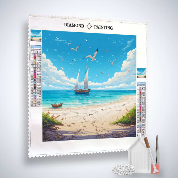 Diamond Painting Paradiesstrand Kit with Beach, Sailboats, Seagulls, and Acrylic Diamonds