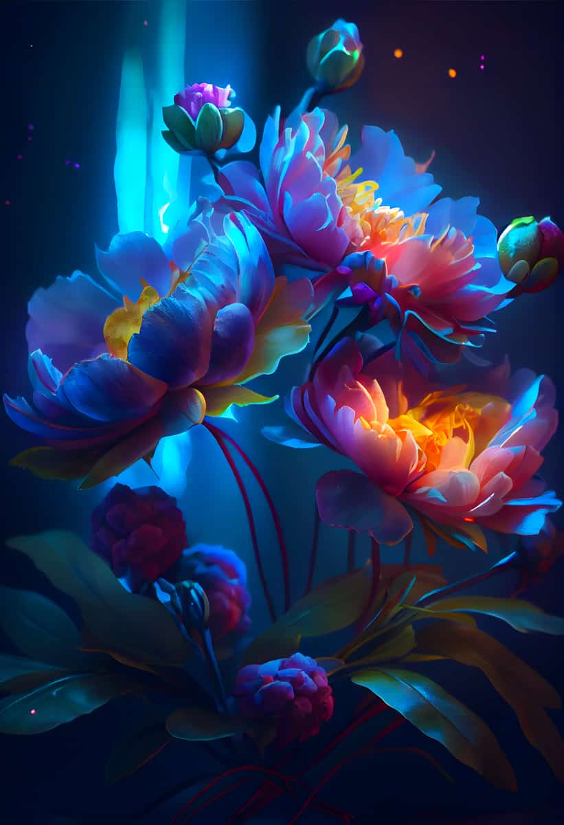 Neon blumengesteck Diamond Painting Kunstwerk leuchtend in Blau und Pink mit funkelnden Acryl-Diamanten.
