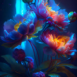 Neon blumengesteck Diamond Painting Kunstwerk leuchtend in Blau und Pink mit funkelnden Acryl-Diamanten.