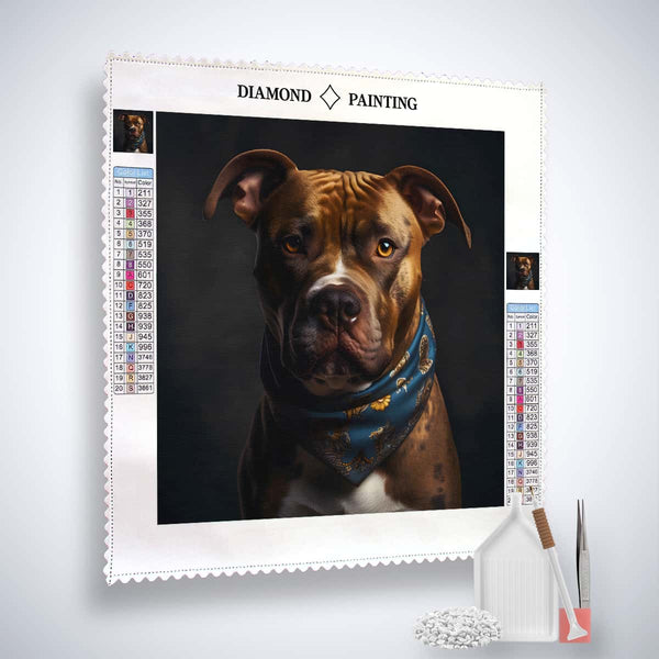Diamond Painting Kit Harter Hund with a detailed dog portrait canvas, acrylic diamonds, artist tweezers, and professional setting tools