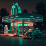 Vintage 1950s gas station and classic car illuminated in neon lights at night.