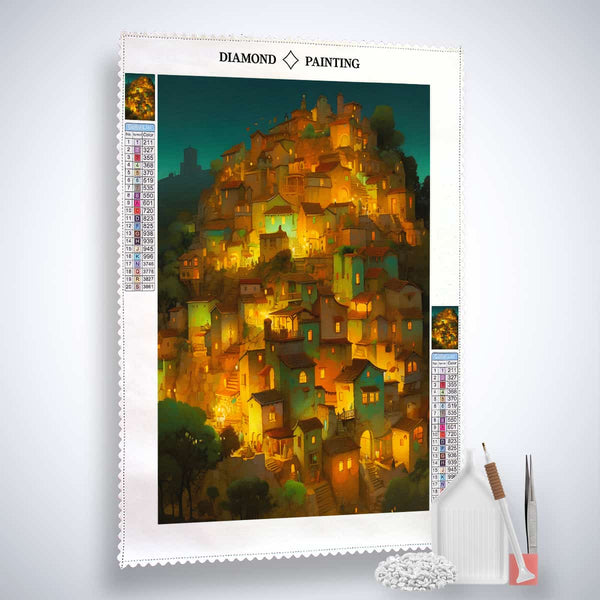 AB Diamond Painting - Leuchtende Stadt Kit with canvas, acrylic diamonds, tweezers, and setzstift for a sparkling art experience