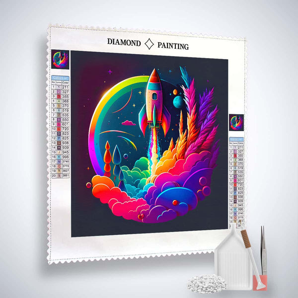 Diamond Painting Kit with circular rocket design, featuring vibrant colors and included tools for creating sparkling art.