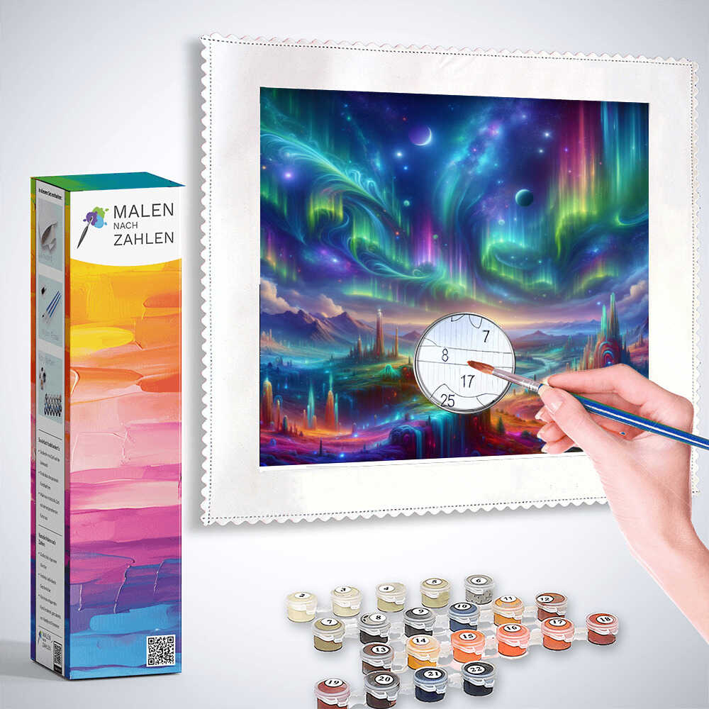 Painting by numbers cosmic awakening kit with hand painting colorful cosmic scene and paint supplies.