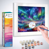 Painting by numbers cosmic awakening kit with hand painting colorful cosmic scene and paint supplies.
