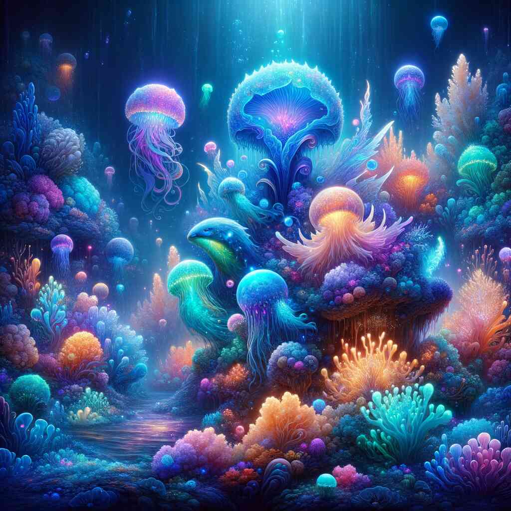 Painting of a mysterious deep sea scene with colorful corals and jellyfish, representing the "Malen nach Zahlen - Geheimnisvolle Tiefsee" product.