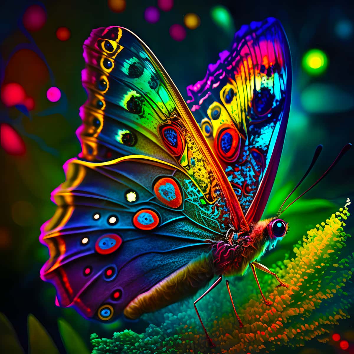 AB Diamond Painting - Strahlender Schmetterling realistisches Motiv eines bunt schillernden Schmetterlings auf grünem Hintergrund.