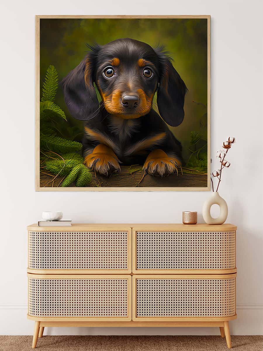 Painting by numbers of a cute dachshund puppy displayed on a wall above a modern dresser