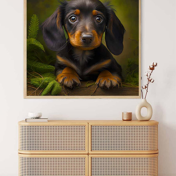 Painting by numbers of a cute dachshund puppy displayed on a wall above a modern dresser