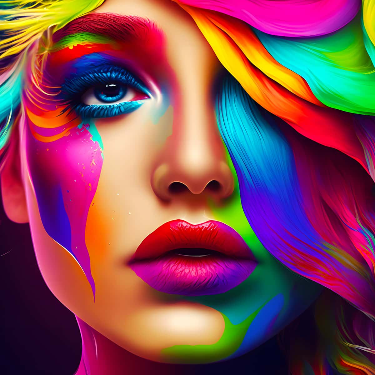 Vibrant Diamond Painting of a Woman with Colorful Gradient Face and Hair