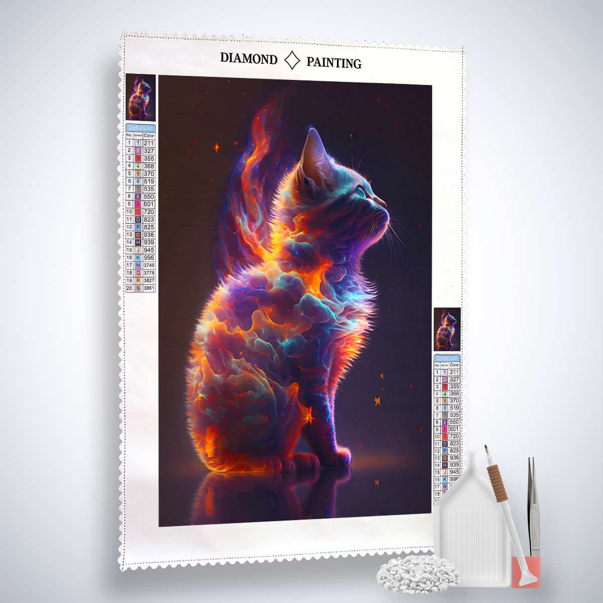 AB Diamond Painting - Rainbow Cat with vibrant colors, complete diamond painting kit including canvas, acrylic diamonds, tweezers, and set pen.