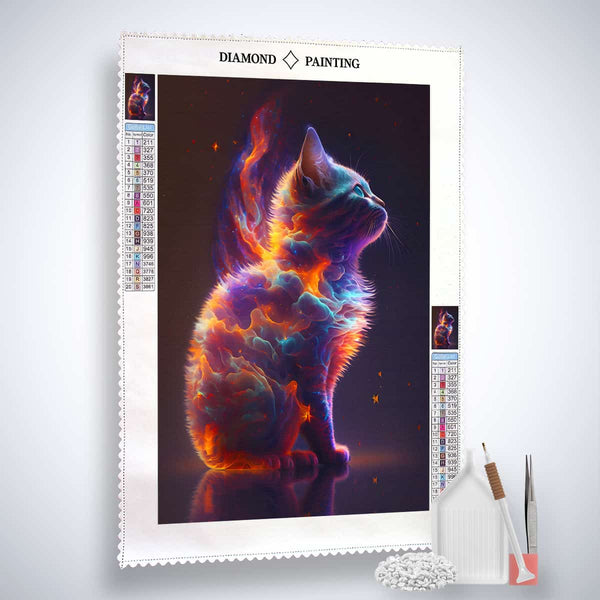 AB Diamond Painting - Rainbow Cat with vibrant colors, complete diamond painting kit including canvas, acrylic diamonds, tweezers, and set pen.